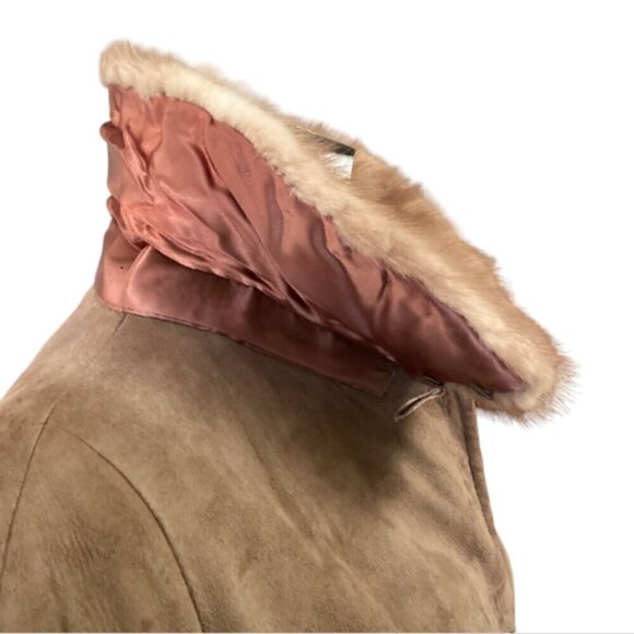 VTG 1960s Women's Suede Coat Mink Fur Collar Sz 10 Camel/Tan #265F - Picture 8 of 9